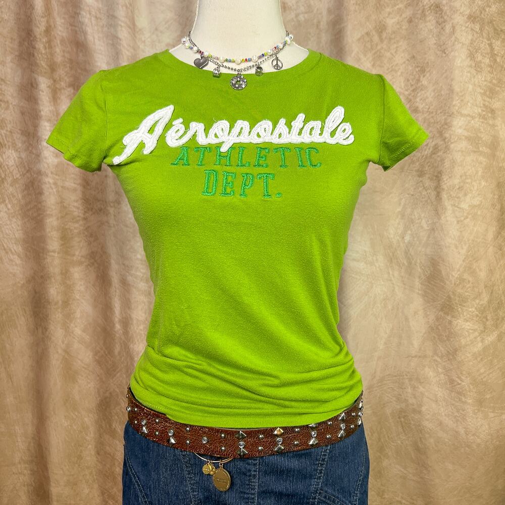 Aeropostale Baby Tee Green Fitted Embroidered Top Cap Sleeve Athletic Dept. Y2K